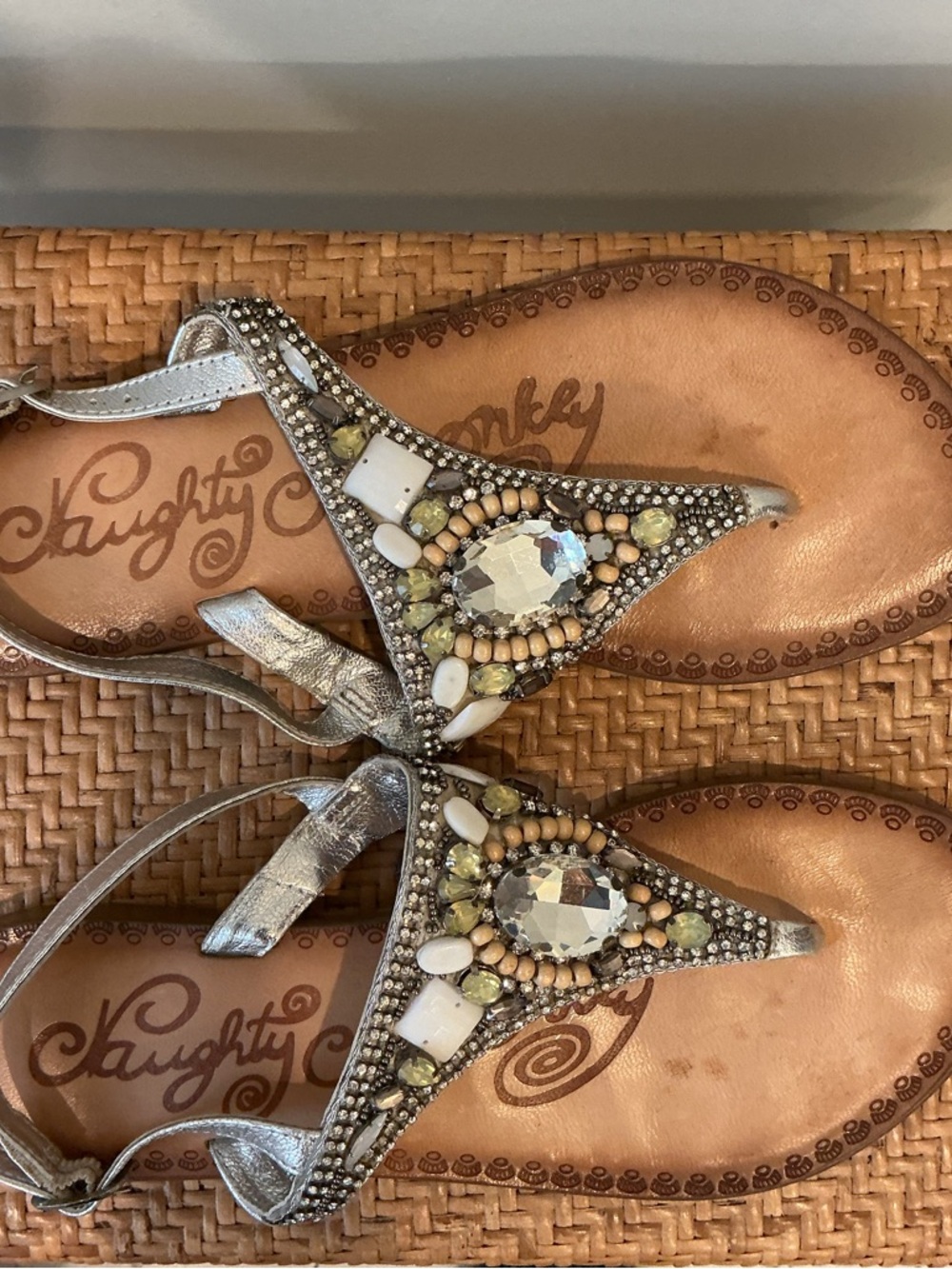 Naughty Monkey Silver Cream Green Jeweled T-Strap Thong Back Strap Flat Sandals